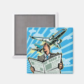 Zakenman met kranten en vliegtuigen boven magneet (Voorkant / Achterkant)