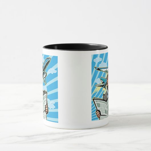 Zakenman met kranten en vliegtuigen boven mok (Midden)