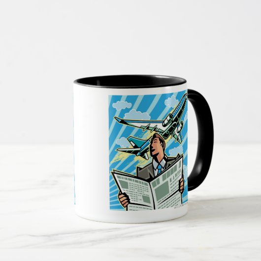 Zakenman met kranten en vliegtuigen boven mok (Voorkant rechts)