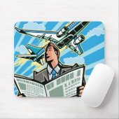 Zakenman met kranten en vliegtuigen boven muismat (Met muis)