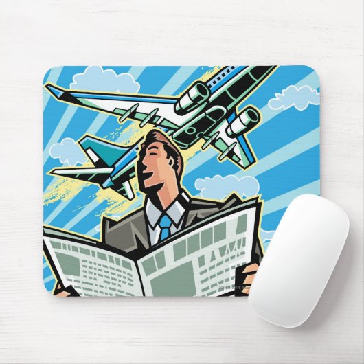 Zakenman met kranten en vliegtuigen boven muismat (Met muis)