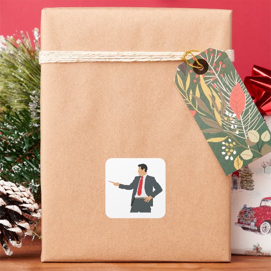 Zakenman met wijzer op een vakplein vierkante sticker