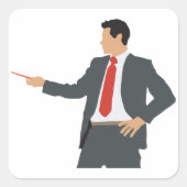 Zakenman met wijzer op een vakplein vierkante sticker (Voorkant)