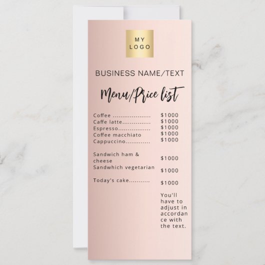 Zakenmenu prijslijst roos goud kaart (Voorkant)