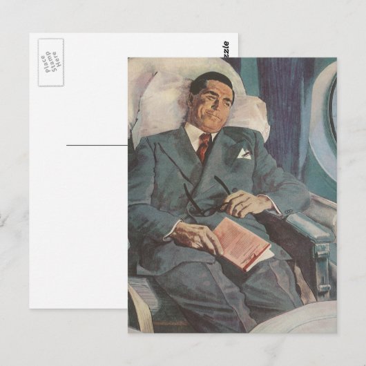 zakenreizen, lezen op het vliegtuig briefkaart (Voorkant / Achterkant)