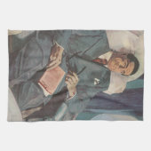 zakenreizen, lezen op het vliegtuig theedoek (Horizontaal)