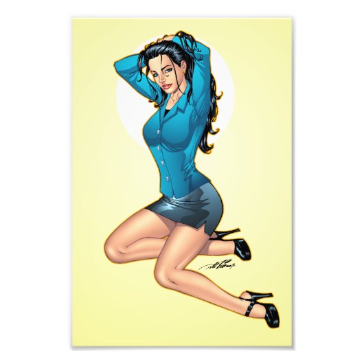 Zakenvrouw die haar haar haar haar haar hand opzui foto afdruk (Voorkant)