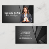 Zakenvrouw die modelhuis vasthoudt | Onroerend goe Visitekaartje (Voorkant / Achterkant)