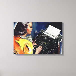 Zakenvrouwelijke secretaresse typt brief op ouderw canvas afdruk