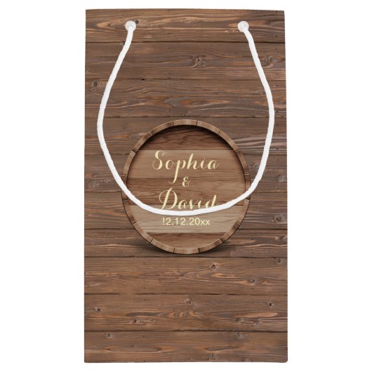 Zakje met bruiloftfavor voor op een rustieke houte (Achterkant)