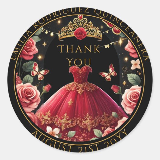 Zakje met dank je wel in rood rozen bloemmotief vo ronde sticker (Voorkant)