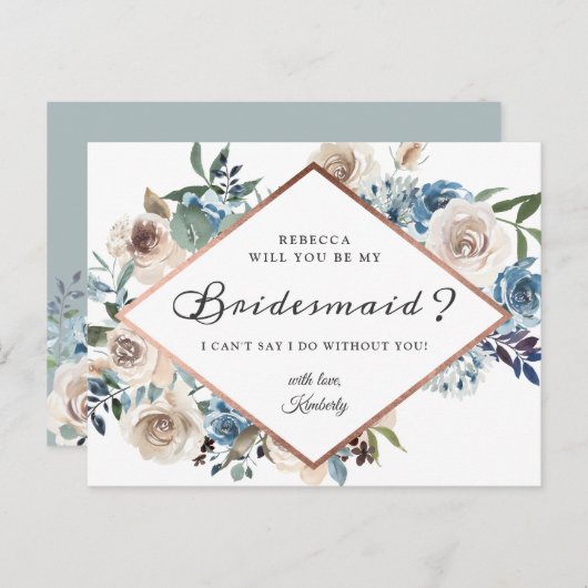 Zal je mijn Bridesmaid Boho Dusty Blue Floral zijn Uitnodiging Briefkaart (Voorkant / Achterkant)