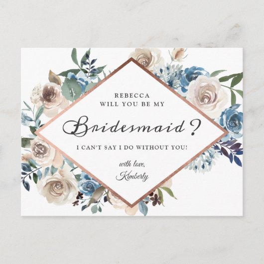 Zal je mijn Bridesmaid Boho Dusty Blue Floral zijn Uitnodiging Briefkaart (Voorkant)