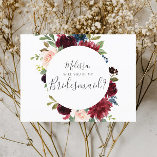 Zal je mijn Bridesmaid Burgundy Blue Floral zijn? Uitnodiging Briefkaart