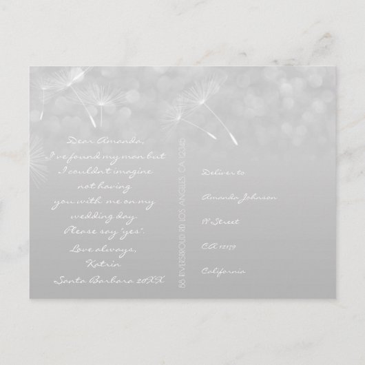 Zal je mijn Bridesmaid Dandelion Gray Silver zijn? Uitnodiging Briefkaart (Achterkant)