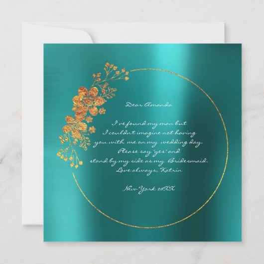 Zal je mijn Bridesmaid Gold Aquatic Blauwgroen zij Kaart (Achterkant)
