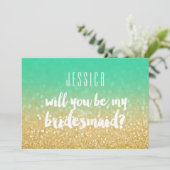 Zal je mijn Bridesmaid Gold Blauwgroen Ombre Glitt Kaart (Staand voorkant)