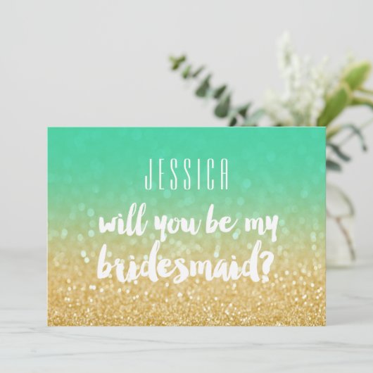 Zal je mijn Bridesmaid Gold Blauwgroen Ombre Glitt Kaart (Staand voorkant)