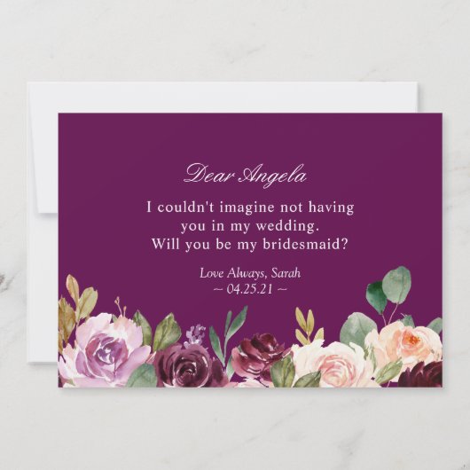 Zal je mijn Bridesmaid Plum Paars Floral zijn? Kaart (Achterkant)