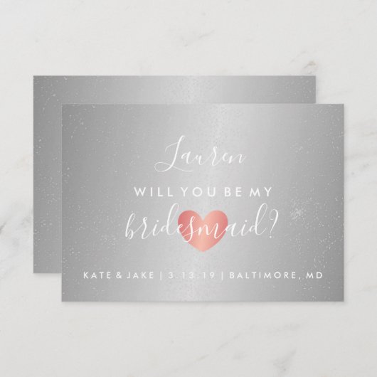 Zal je mijn Bridesmaid zijn - Glam Heart Silver Kaart (Voorkant / Achterkant)