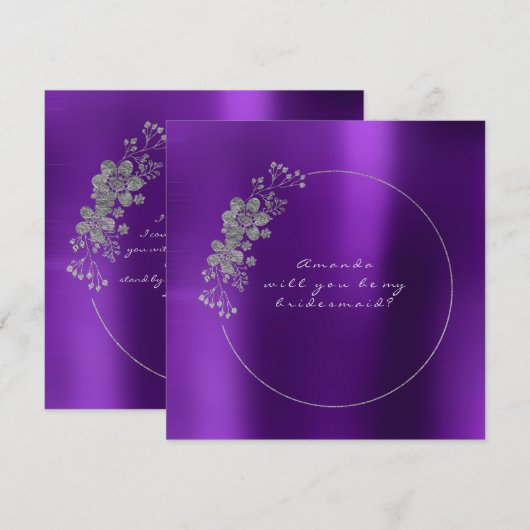 Zal je mijn Bridesmaid zijn, zilver, Paars metaal? Kaart (Voorkant / Achterkant)