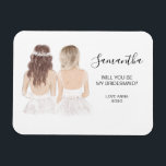 Zal je mijn bruidmaïde magneet zijn?<br><div class="desc">Eenvoudig en klassiek "Bent u mijn bruidsmeisje?" magneet met een bruid en bruidsmeisje. Pas de naam en de rol aan uw voorkeur aan.</div>