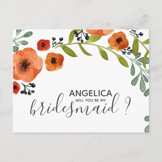 Zal je mijn bruidsmeisje Floral Waterverf zijn? Uitnodiging Briefkaart (Voorkant)
