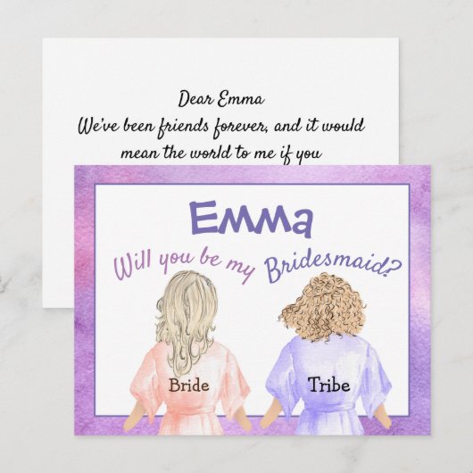 Zal je mijn bruidsmeisje / meisjes in gewaden / li uitnodiging briefkaart (Voorkant / Achterkant)