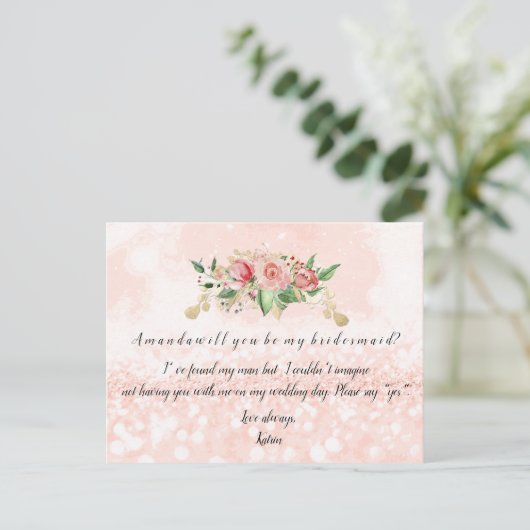 Zal je mijn bruidsmeisje Roos zijn? Uitnodiging Briefkaart (Staand voorkant)
