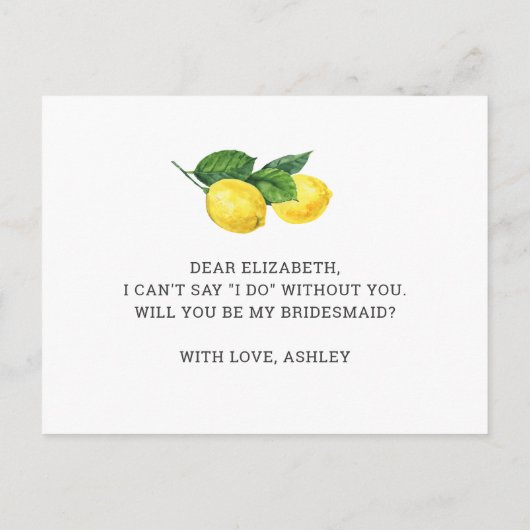 Zal je mijn bruidsmeisje zijn? Citrus lemon bruilo Uitnodiging Briefkaart (Achterkant)