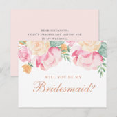 Zal je mijn bruidsmeisje zijn? Waterverf roze flor Uitnodiging Briefkaart (Voorkant / Achterkant)