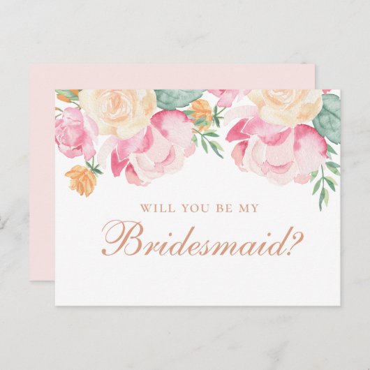 Zal je mijn bruidsmeisje zijn? Waterverf roze flor Uitnodiging Briefkaart (Voorkant / Achterkant)