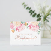 Zal je mijn bruidsmeisje zijn? Waterverf roze flor Uitnodiging Briefkaart (Staand voorkant)