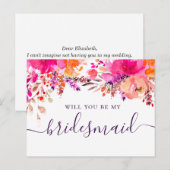Zal je mijn bruidsmeisje zijn? Waterverf roze flor Uitnodiging Briefkaart (Voorkant / Achterkant)