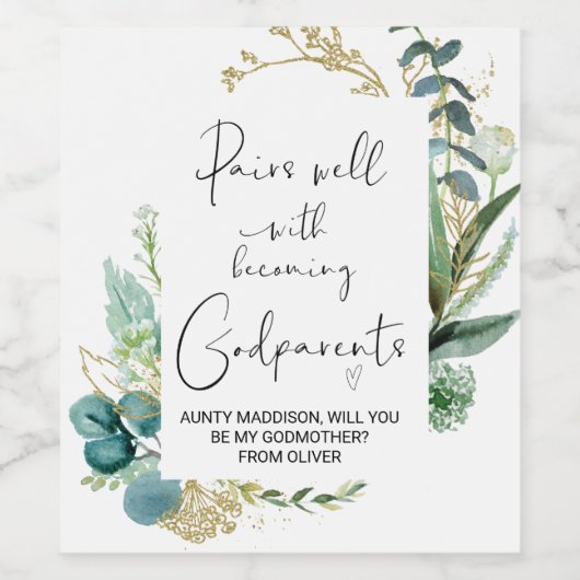 Zal je mijn godouders zijn, nieuwe babyaankondigin wijn etiket (Enkel label)