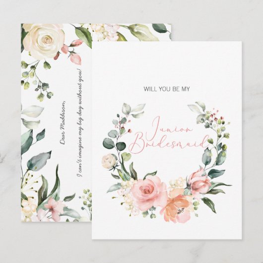 Zal je mijn Jr. Bridesmaid Pink Script Floral zijn Uitnodiging Briefkaart (Voorkant / Achterkant)