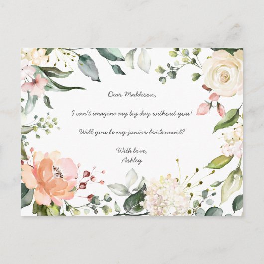 Zal je mijn Jr. Bridesmaid Pink Script Floral zijn Uitnodiging Briefkaart (Achterkant)