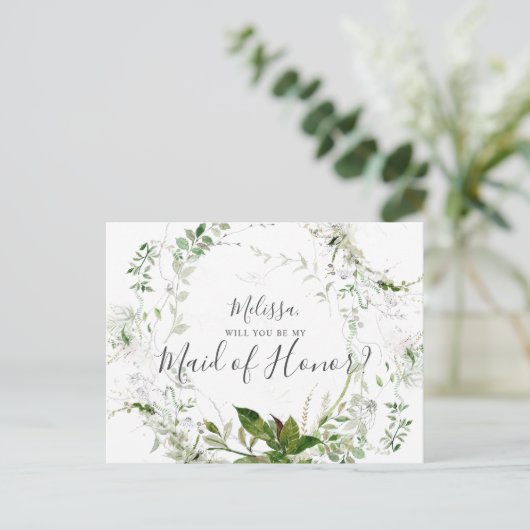 Zal je mijn Maid Honor Greenery Sketch Foliage zij Uitnodiging Briefkaart (Staand voorkant)