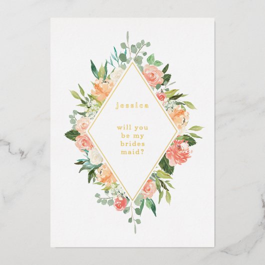 Zal jij mijn Bridesmaid Floral Gold zijn? Folie Uitnodiging (Voorkant)