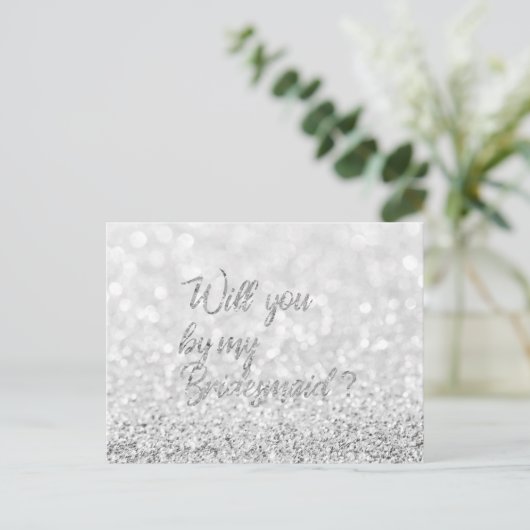 Zal jij mijn Bridesmaid Script Silver Glitter zijn Uitnodiging Briefkaart (Staand voorkant)