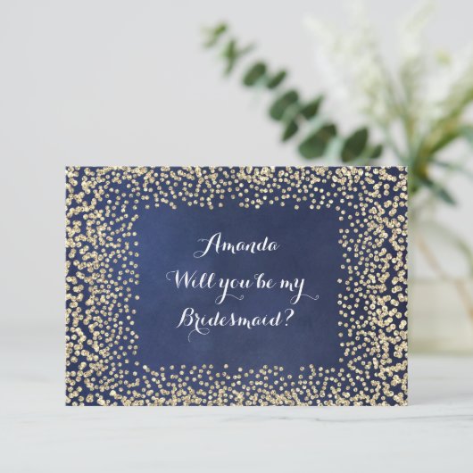 Zal jij mijn bruidsmaïde blauwe marinegoudConfetti Kaart (Staand voorkant)
