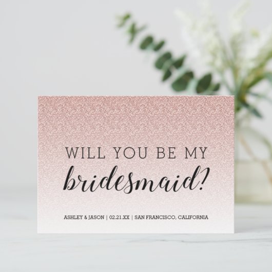 Zal Jij Mijn Bruidsmeisje Zijn Roze Glitter Ombre Kaart (Staand voorkant)