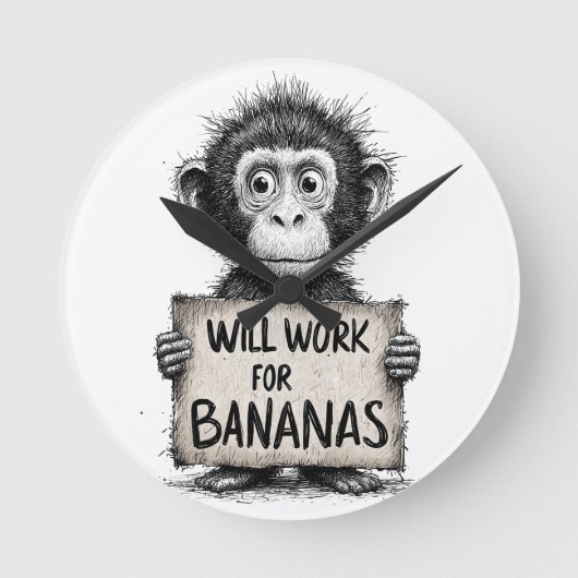 Zal Werken voor Bananen - Humoristische Apen Schet Ronde Klok (Voorkant)