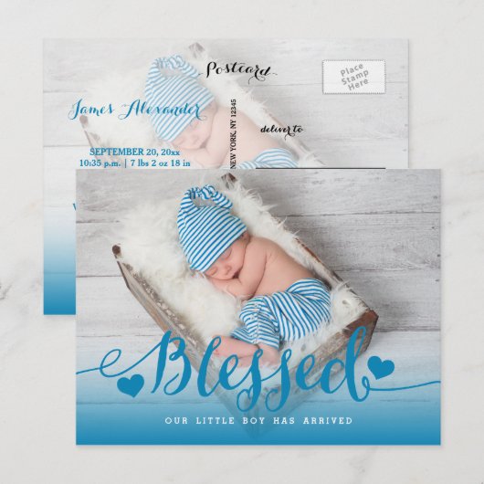 zalig | Blue Baby Boy Fotoaankondiging Aankondigingskaart (Voorkant / Achterkant)