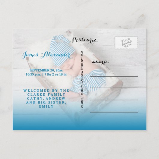 zalig | Blue Baby Boy Fotoaankondiging Aankondigingskaart (Achterkant)