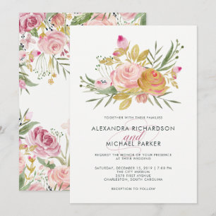 zalig   Blush Pink en Faux Gold Floral Wedding Kaart