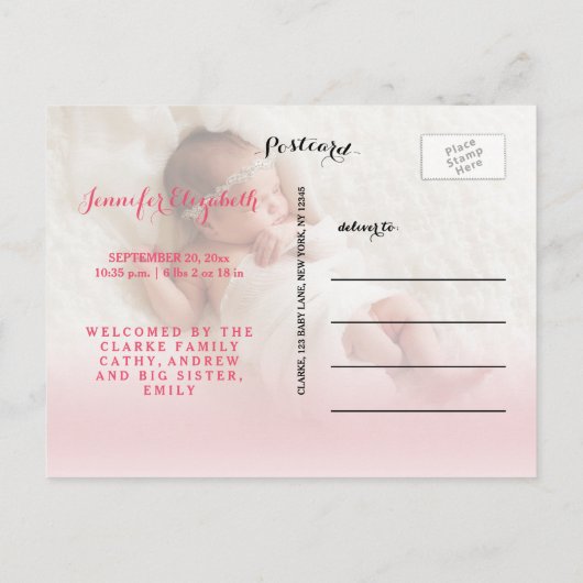 zalig | Pink Baby Girl Geboorteaankondiging Aankondigingskaart (Achterkant)