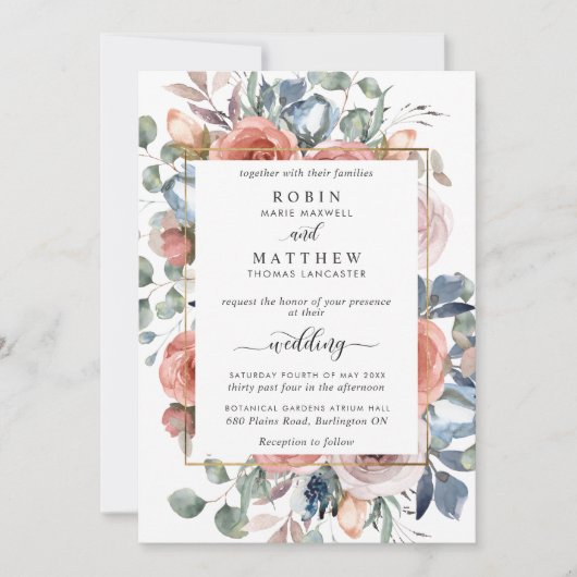 Zalige bloemenrijke, stoffige blauwe elegante tuin kaart (Voorkant)