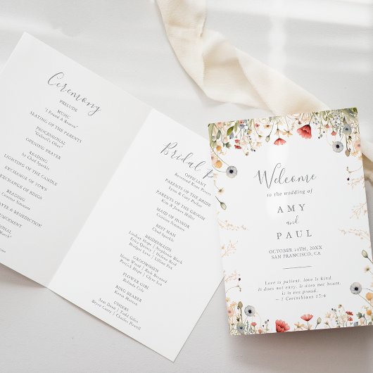 Zalige kleurrijke Boho Wildflower Gevouwen bruilof Programma