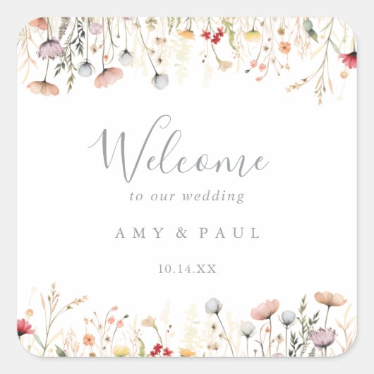 Zalige kleurrijke Boho Wildflower Wedding Welkom Vierkante Sticker (Voorkant)